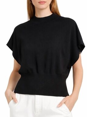Open Edit Black Short Sleeve Knit Top Minimalist Modern Size XL